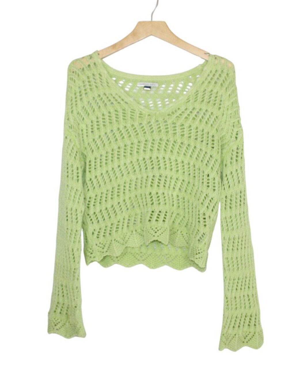 American Eagle light green crochet sweater bell sleeve beach surf pullover vneck - Picture 2 of 15